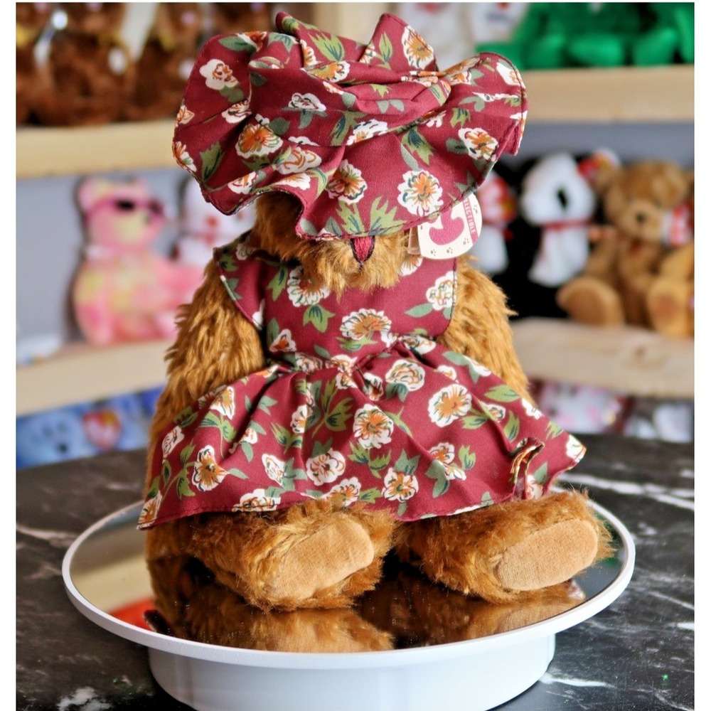 Ty Attic Treasures Emily the Bear Plush Burgundy Floral Dress Bonnet 6016 NWT